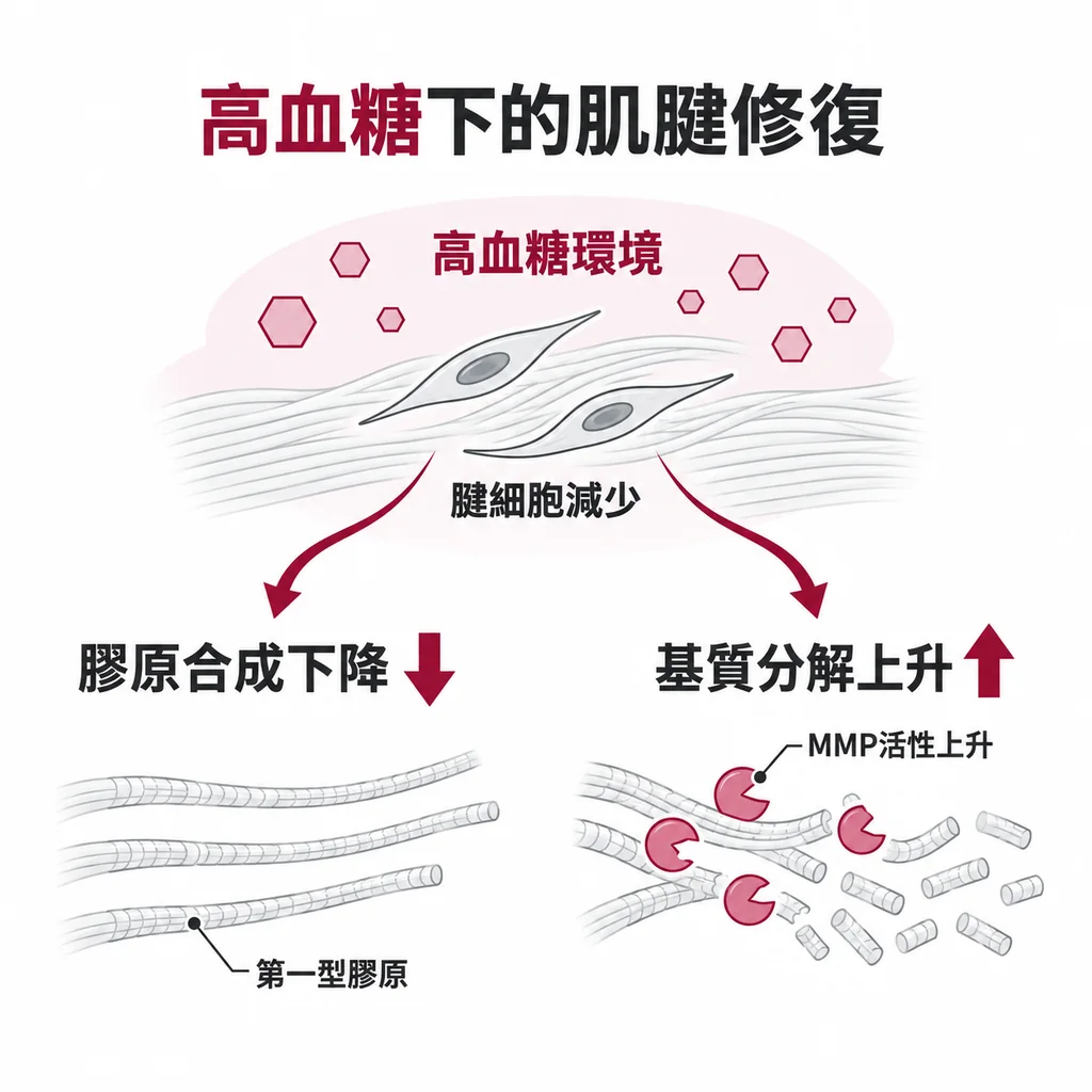 肌腱細胞線稿，高血糖環境下膠原合成下降、基質分解上升，兩個方向以箭頭表示