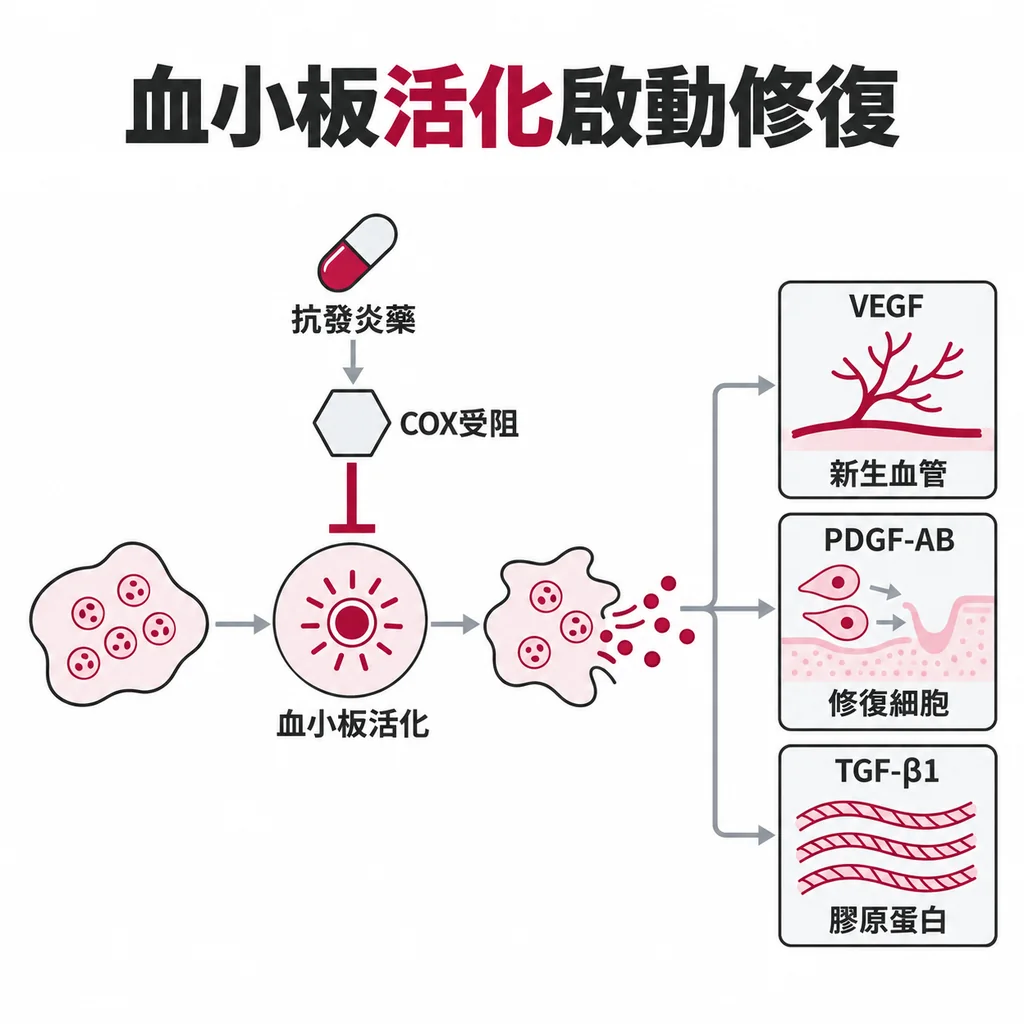 血小板活化後釋放生長因子促成新生血管、修復細胞與膠原蛋白，抗發炎藥物在活化這一步被擋下