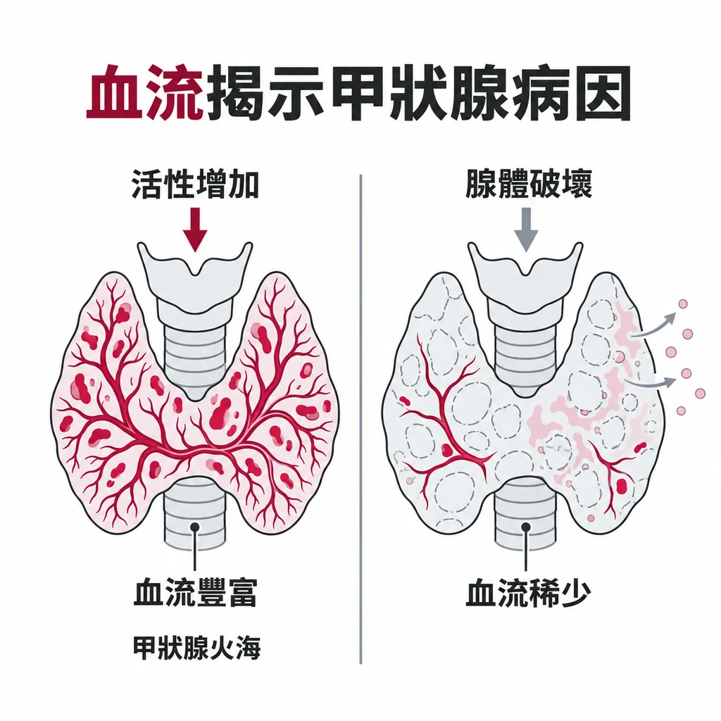 彩色都卜勒血流豐富指向腺體活性增加，血流稀少指向腺體被破壞