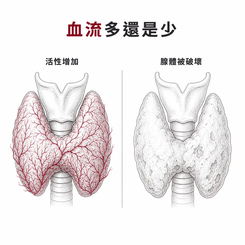 彩色都卜勒血流豐富指向腺體活性增加,血流稀少指向腺體被破壞
