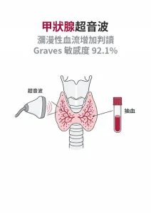 甲狀腺解剖線稿搭配超音波探頭與採血管：功能要靠抽血，超音波看結構