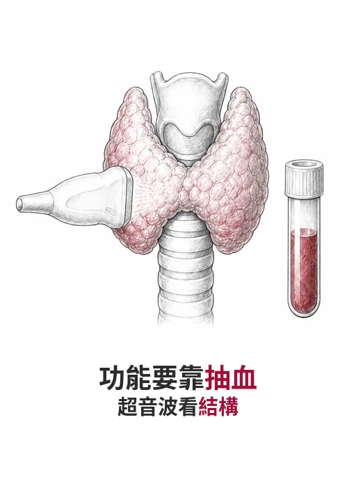 甲狀腺解剖線稿搭配超音波探頭與採血管：功能要靠抽血，超音波看結構