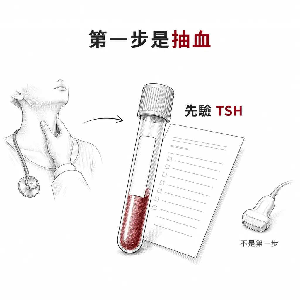 沒有摸到甲狀腺異常時第一步是抽血驗 TSH,超音波不是第一步