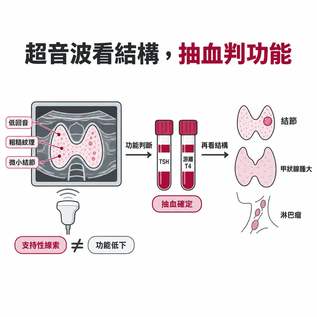 低回音與粗糙紋理是自體免疫甲狀腺炎的支持性線索，功能仍要靠抽血判斷