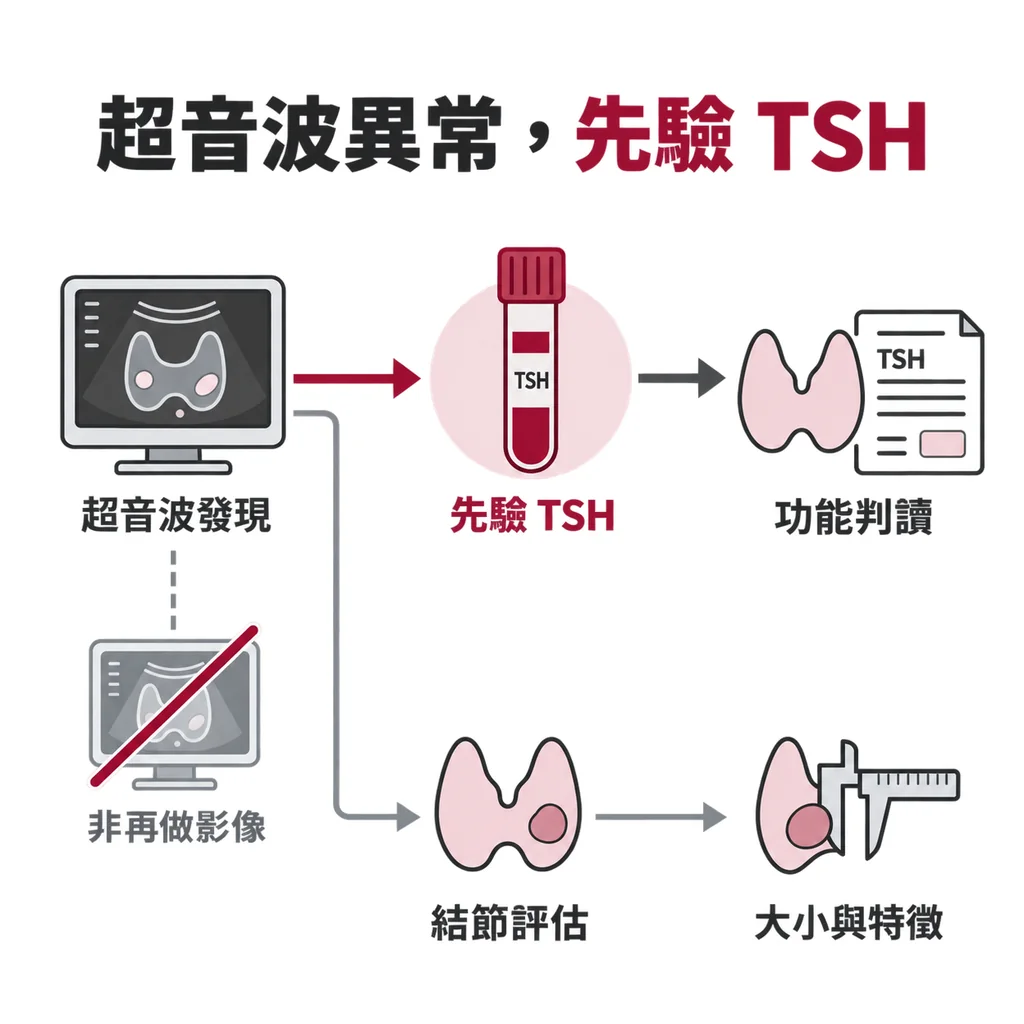 健檢超音波發現甲狀腺異常後，下一步是補驗 TSH 而不是再做影像