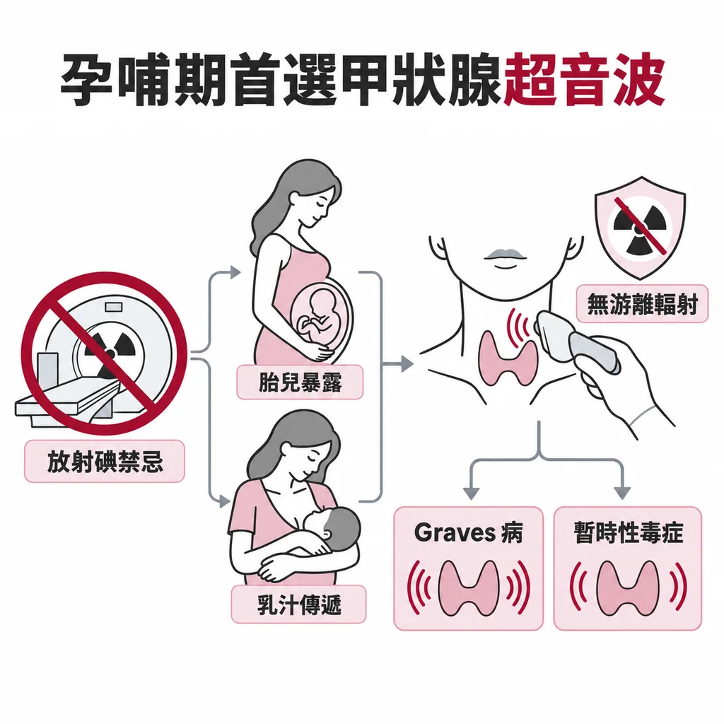 懷孕與哺乳期不能做放射碘掃描，改用甲狀腺超音波作為主要影像工具