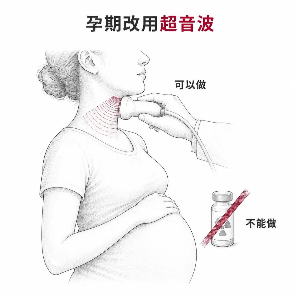 懷孕與哺乳期不能做放射碘掃描,改用甲狀腺超音波作為主要影像工具
