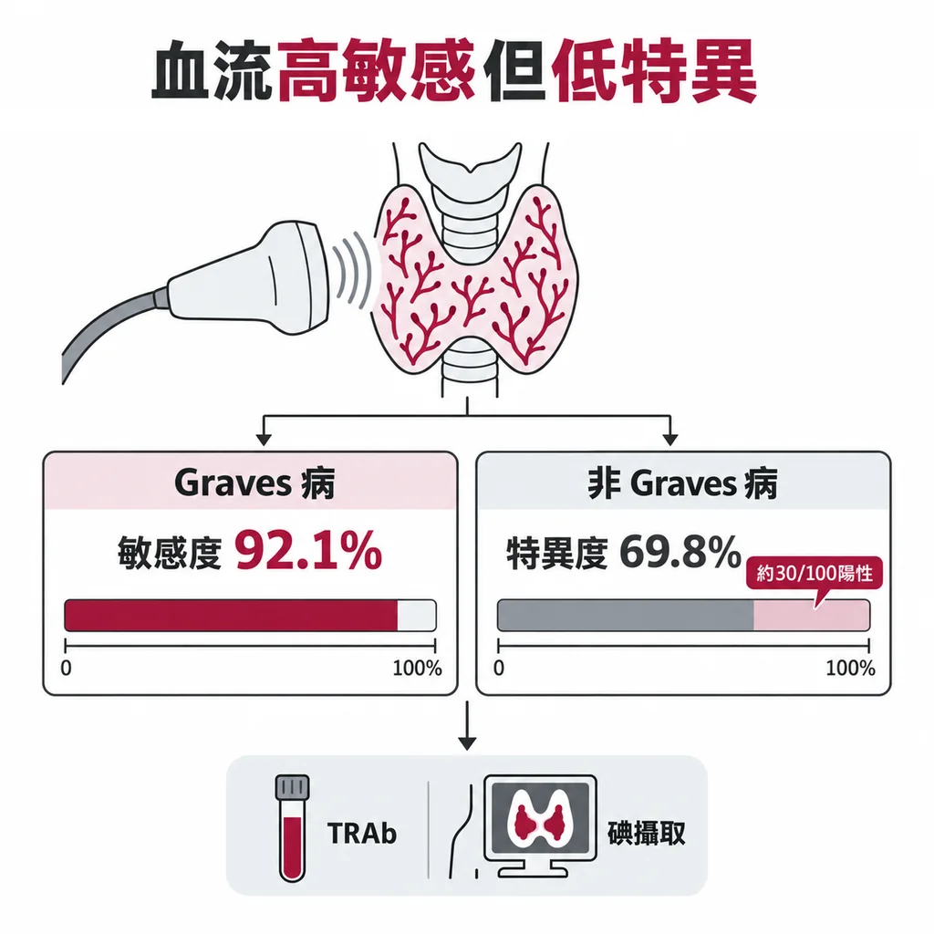 超音波血流敏感度高但特異度低：抓得到葛瑞夫茲病，卻也把其他原因一起撈進來