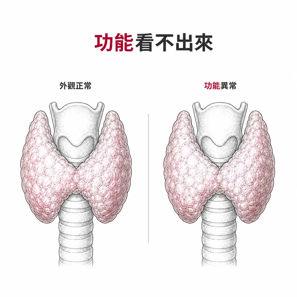 同一個甲狀腺外觀正常也可能功能異常,超音波看不出甲亢或甲低
