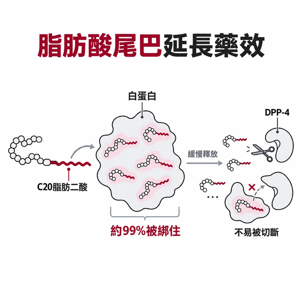 tirzepatide 的脂肪酸尾巴抓住白蛋白,約 99% 處於被綁住的狀態,像蓄水池一樣慢慢放出,也比較不容易被 DPP-4 切斷