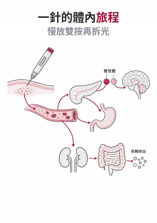 tirzepatide 打進身體後去了哪裡？從皮下慢慢釋放、同時按兩個受體，到被拆成胺基酸排出
