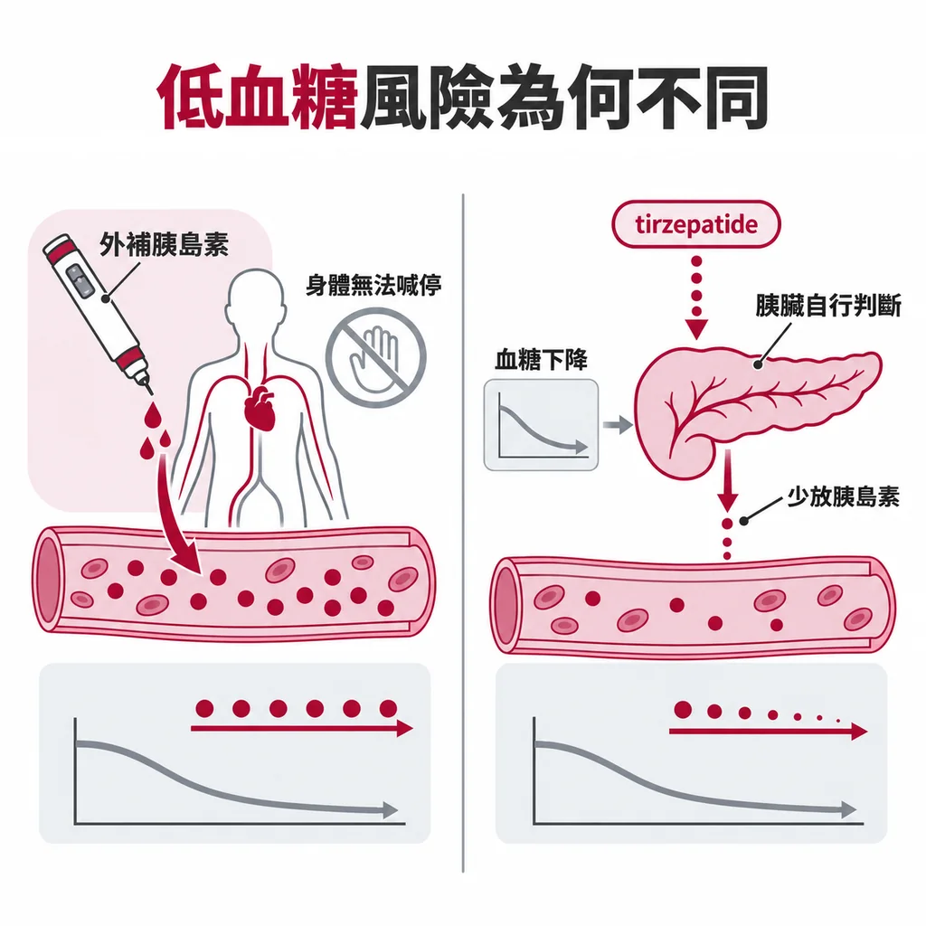 從外面補胰島素,身體沒有機會喊停;tirzepatide 讓胰臟依血糖自己判斷,血糖掉下來就少放,所以低血糖風險不同