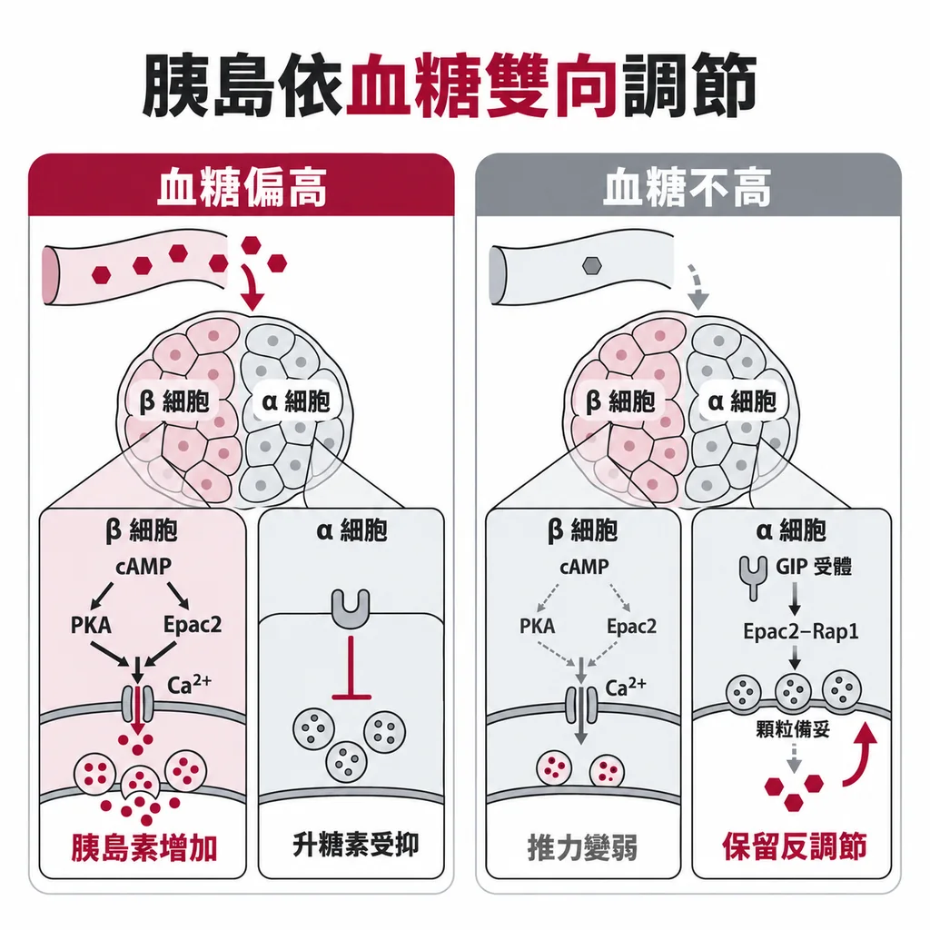 血糖偏高時,β 細胞多放胰島素、α 細胞的升糖素被壓下;血糖不高時推力變弱,保留把血糖拉回來的能力