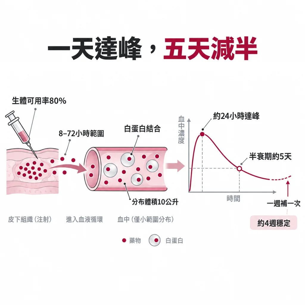 打針後約 24 小時到血中高峰,約 80% 進到血液,分布體積約 10 公升,半衰期約 5 天,所以一週打一次剛好接上