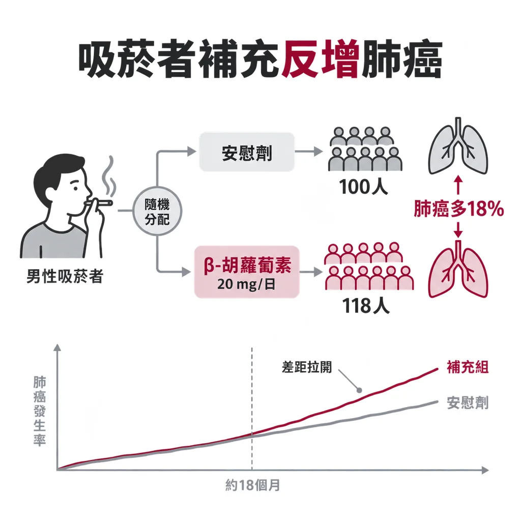 ATBC 試驗中,男性吸菸者每天吃 20 毫克 β-胡蘿蔔素,肺癌多了 18%,100 人變 118 人,約 18 個月後差距拉開