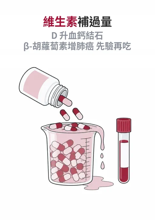 維生素補過量會傷身嗎？維生素 D、A、β-胡蘿蔔素、菸鹼酸的過量證據與追蹤方式