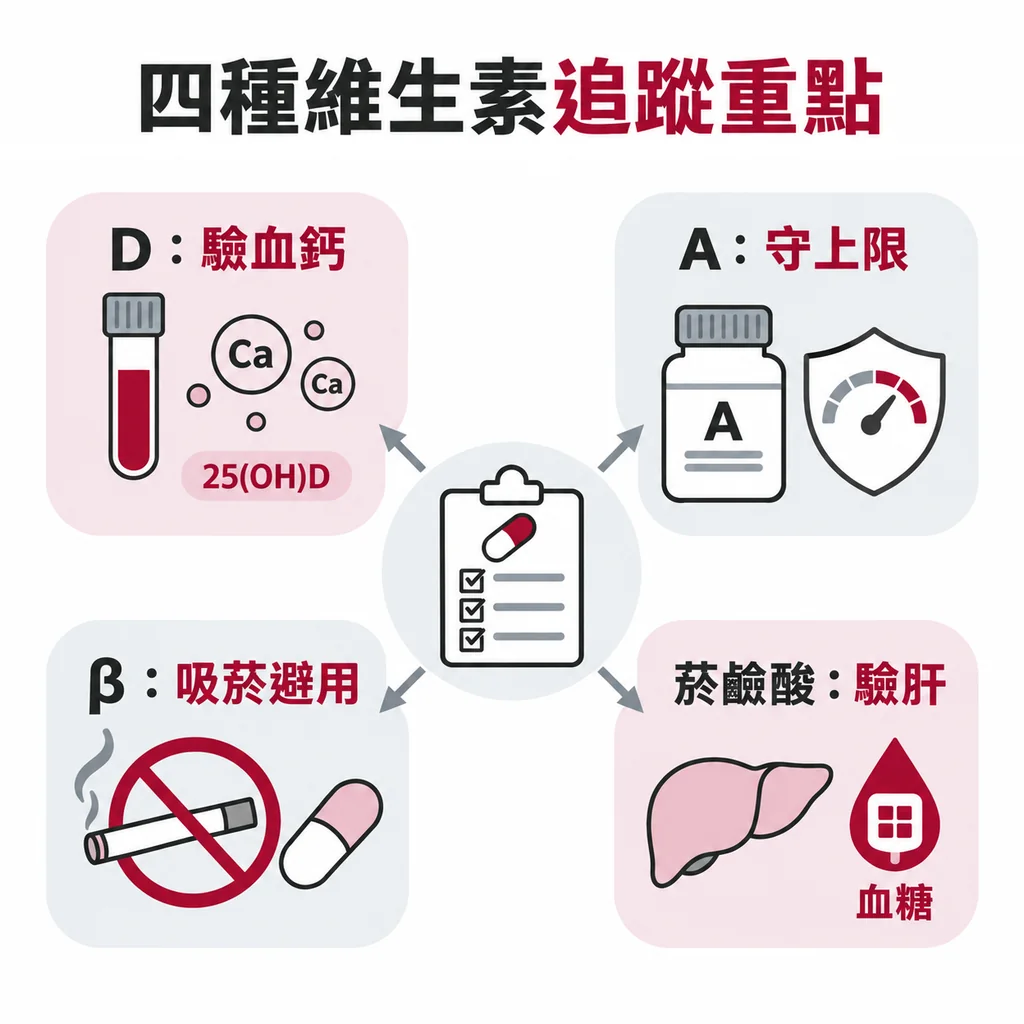 四種維生素分開追蹤:維生素 D 驗血鈣和 25(OH)D,維生素 A 守住每日上限,吸菸者避開 β-胡蘿蔔素,菸鹼酸驗肝功能和血糖