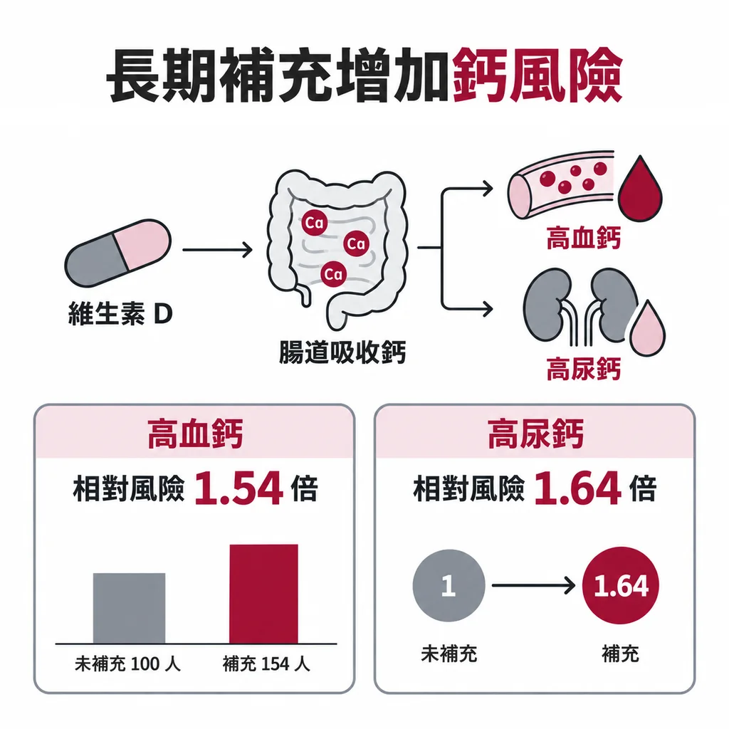 長期補充維生素 D 的統合分析:高血鈣風險 1.54 倍、高尿鈣 1.64 倍,換成人數是 100 人對 154 人