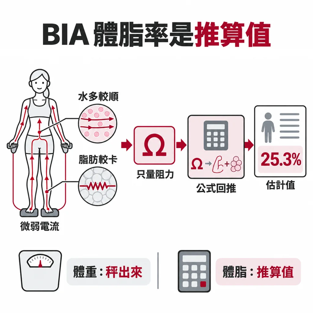 BIA 只量電流通過身體的阻力,再把阻力代進公式回推脂肪與肌肉,所以體脂率是推算出來的估計值,不是秤出來的