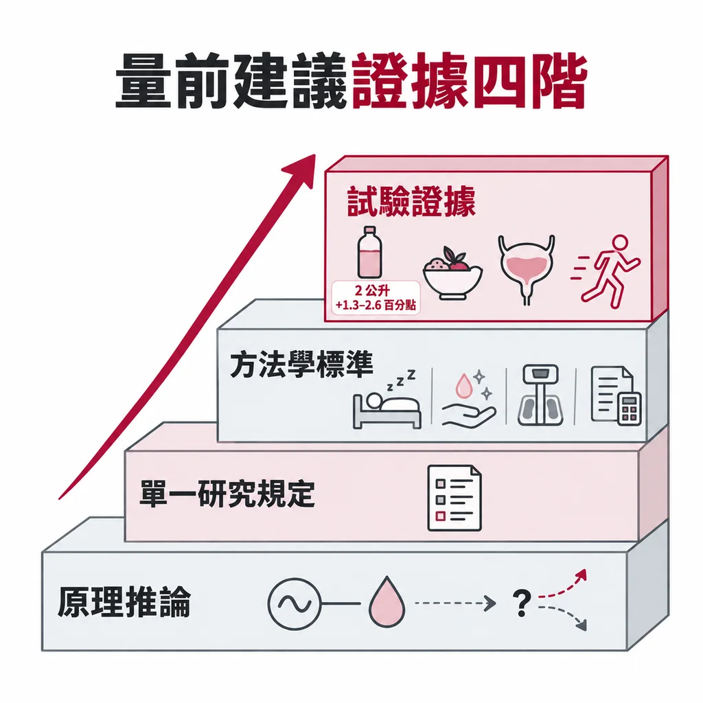 量前建議的證據分成四階:最上層是喝水、進食、膀胱與運動的試驗,其次是國際專家訂的方法學標準,再下面是單一研究自己的規定