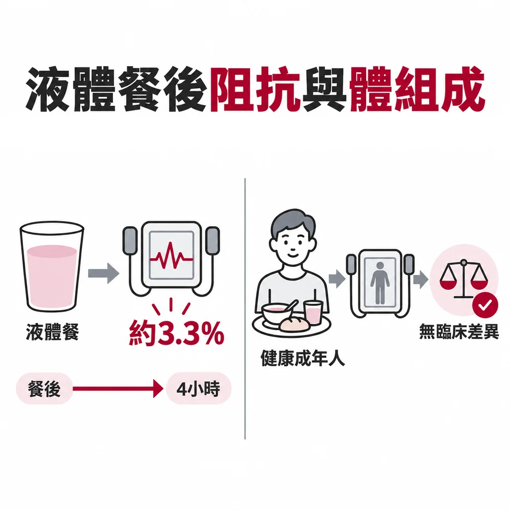 喝下液體餐後阻抗大約變動 3.3%,影響可延續到餐後 4 小時;但健康成年人吃過早餐再量,算出的體組成沒有臨床上有意義的差別