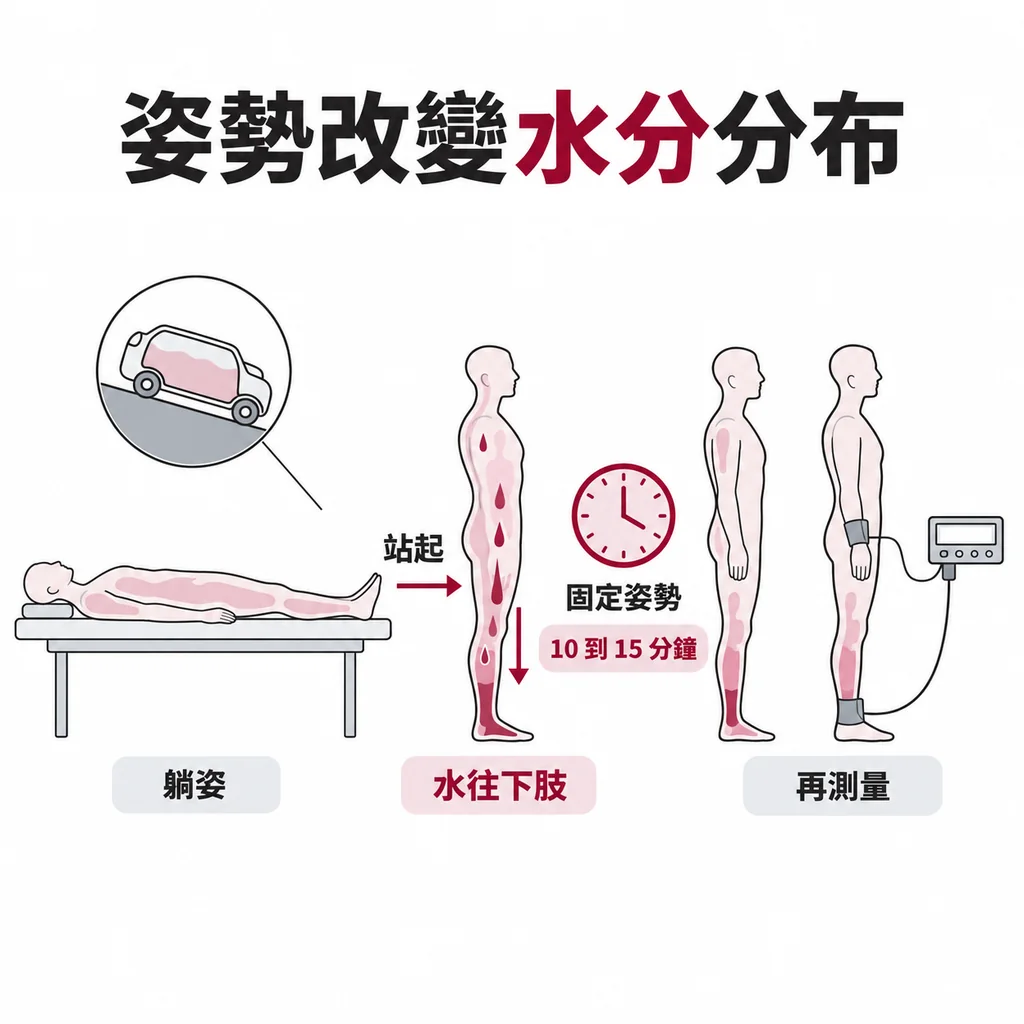 人從躺著到站起來,體內的水會慢慢往腿部移動,就像停在斜坡上的車油錶會偏移,所以要先固定姿勢靜置 10 到 15 分鐘再量