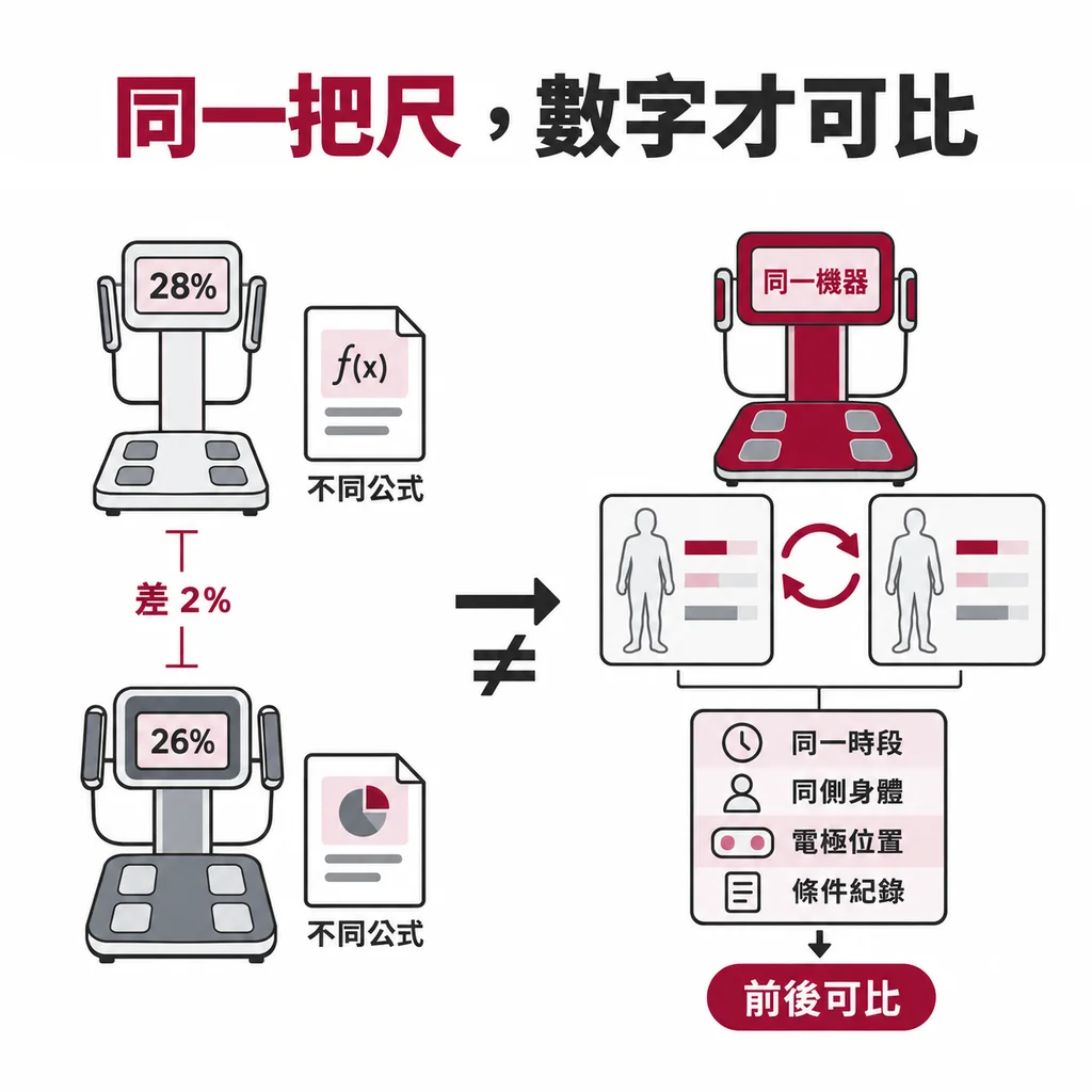 換機器或升級軟體等於換了公式,這台量 28%、那台量 26%,差距可能來自公式;用同一台機器並把測量條件記下來,前後數字才能比較
