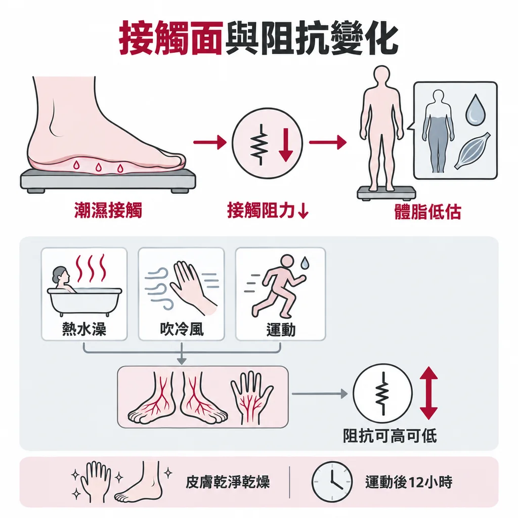 電流的第一關是電極和皮膚的接觸面,手腳潮濕會讓阻力下降;熱水澡、吹冷風和運動會改變手腳血流,阻抗可能偏高也可能偏低