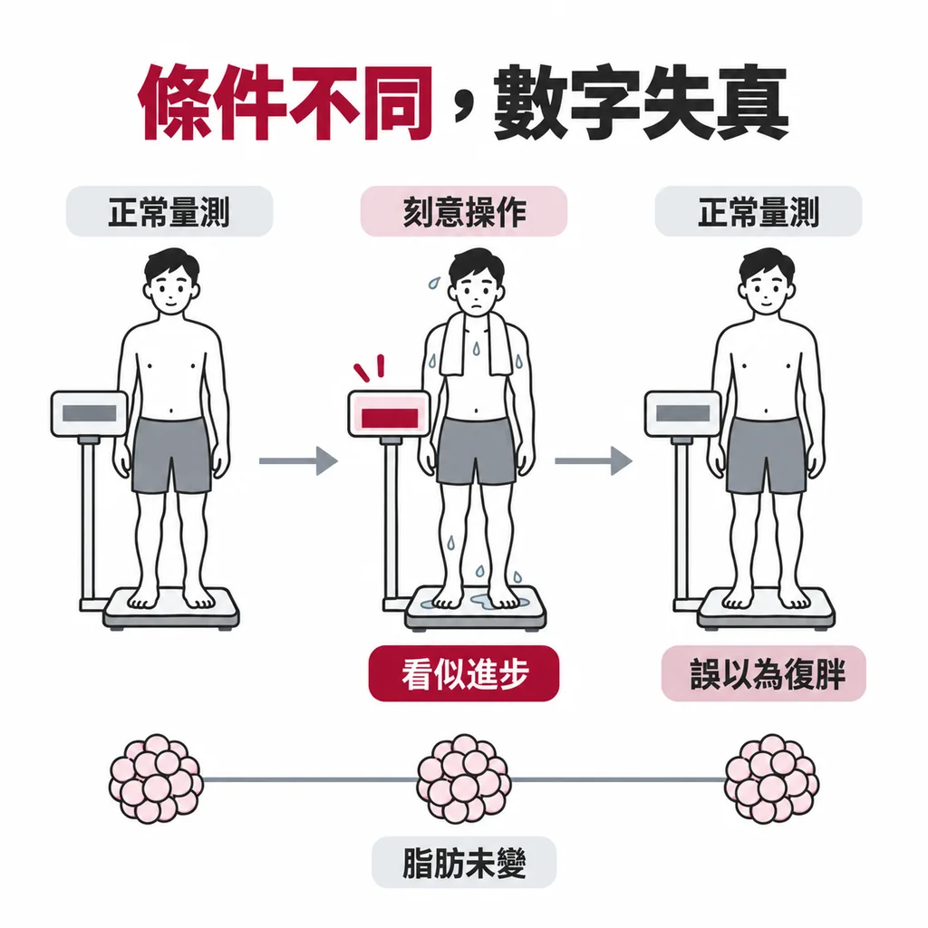 刻意弄出來的好數字和正常條件下量的數字放在一起比,看起來像進步;下次正常量時數字回到原位,就會誤以為自己復胖