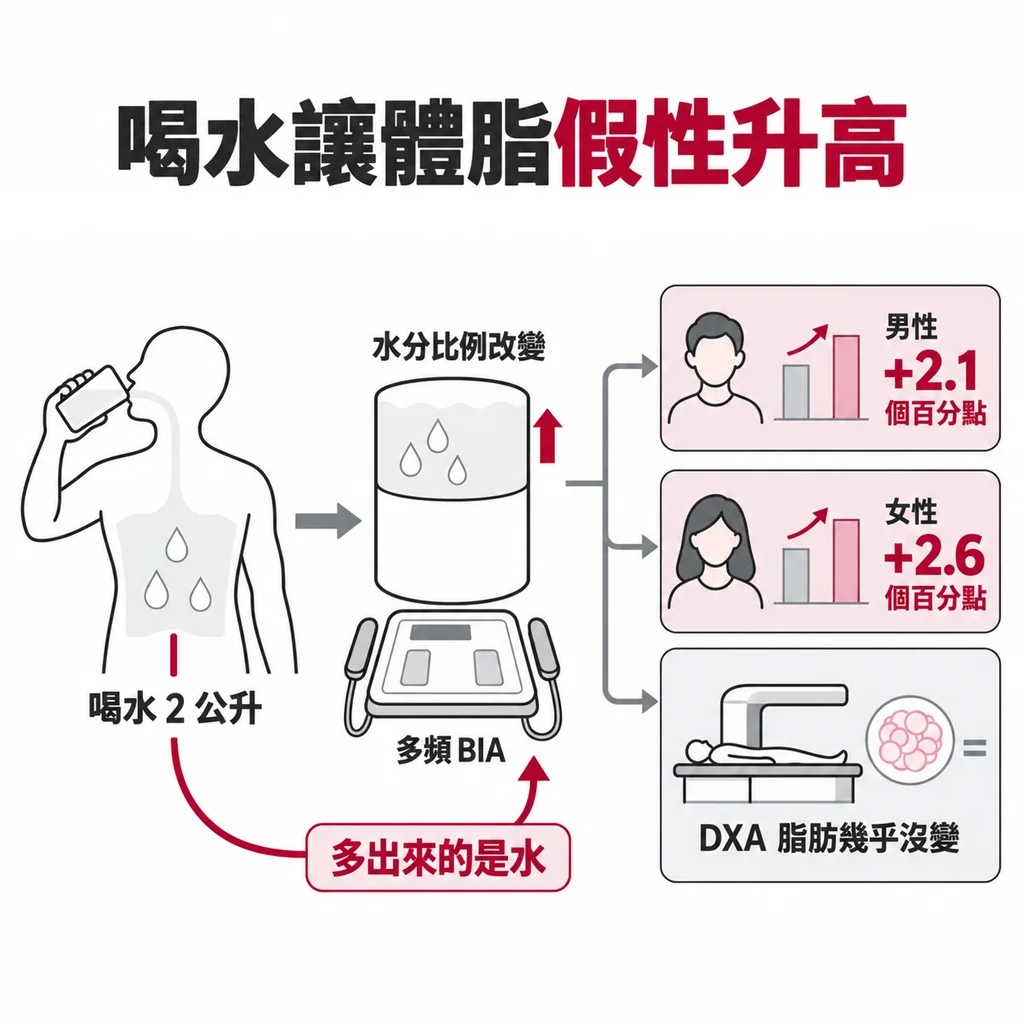 量前喝下 2 公升水,多頻 BIA 測得的體脂率男性多 2.1、女性多 2.6 個百分點,但 DXA 量到的脂肪幾乎沒變,多出來的是水