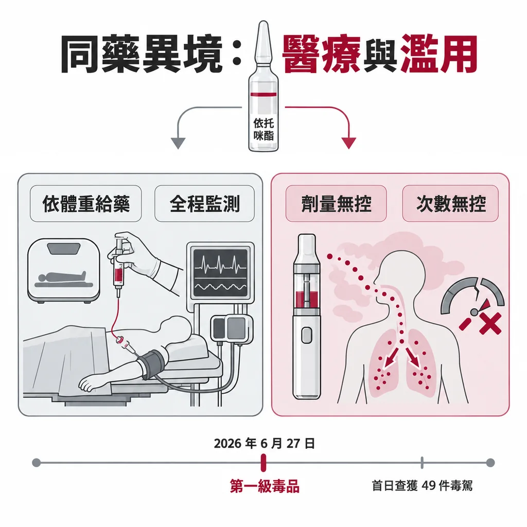 依托咪酯在手術室依體重給藥、全程監測;做成喪屍煙彈後劑量沒有人控管,台灣 2026 年 6 月 27 日起列為第一級毒品