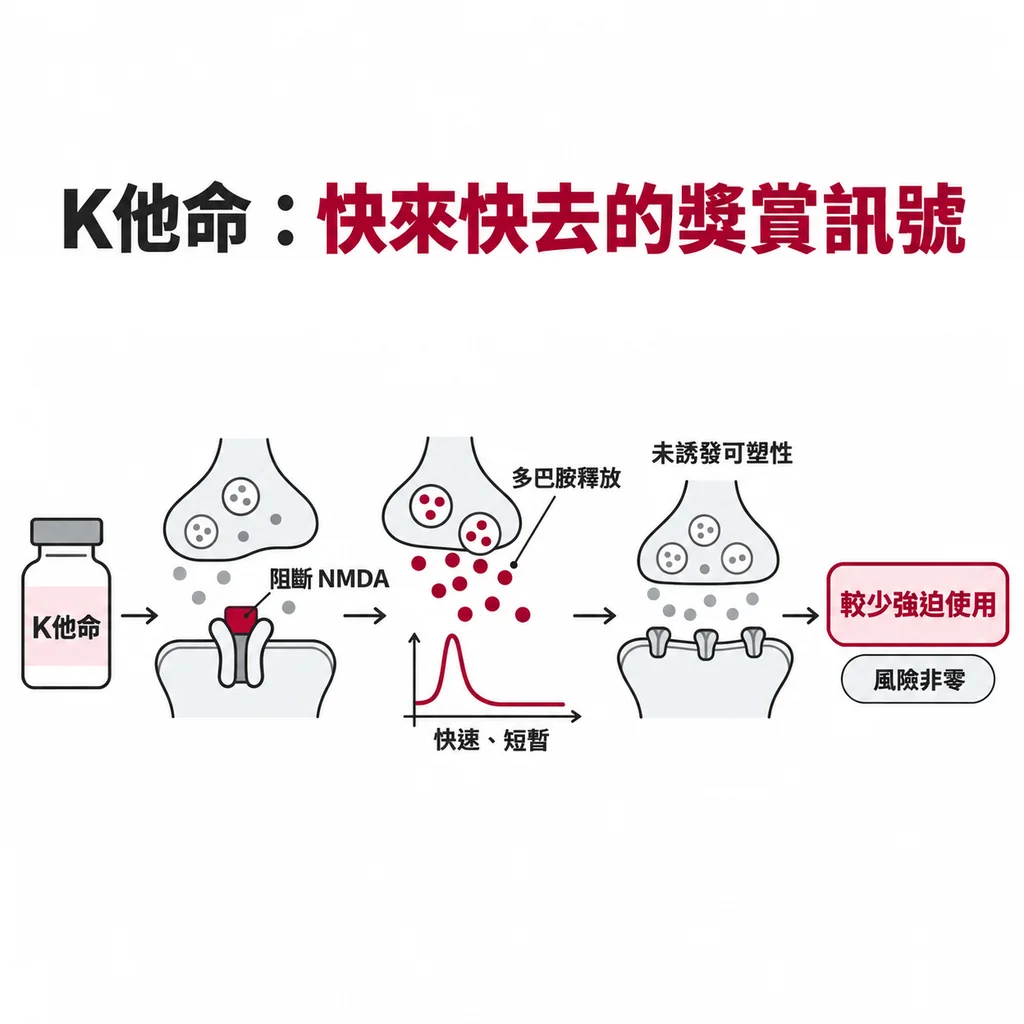 K他命擋住 NMDA 受體、也會釋放多巴胺,但來得快去得也快,沒有引發獎賞迴路的突觸可塑性,所以較少變成強迫使用