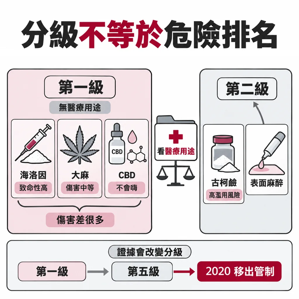 第一級收的是沒有公認醫療用途的物質,海洛因、大麻與 CBD 傷害差很多卻曾在同一格;古柯鹼能做表面麻醉,所以列第二級