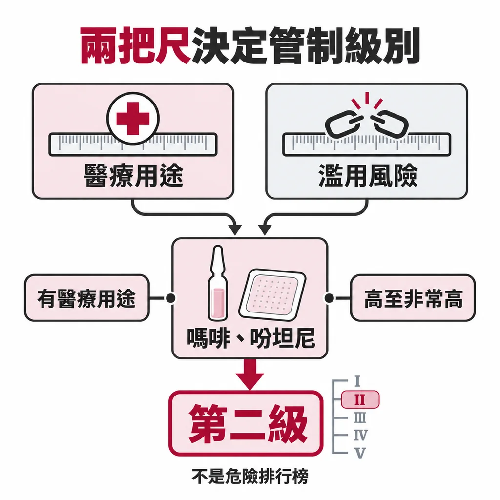 美國 DEA 用醫療用途與濫用風險兩把尺,把管制藥物分成第一到第五級;嗎啡、吩坦尼風險高,但有醫療用途,所以列第二級