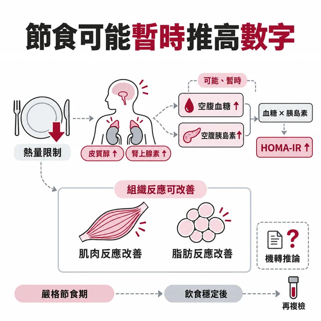 節食時,皮質醇和腎上腺素會分泌得比較多,可能暫時把空腹血糖或胰島素往上推,HOMA-IR 也就跟著變大