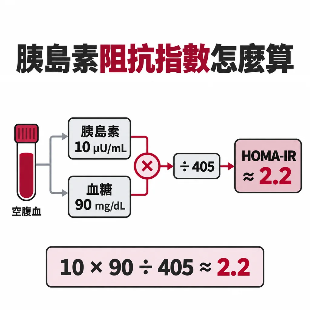 HOMA-IR 用空腹胰島素乘以空腹血糖,再除以 405 算出。胰島素 10、血糖 90 時,結果大約是 2.2