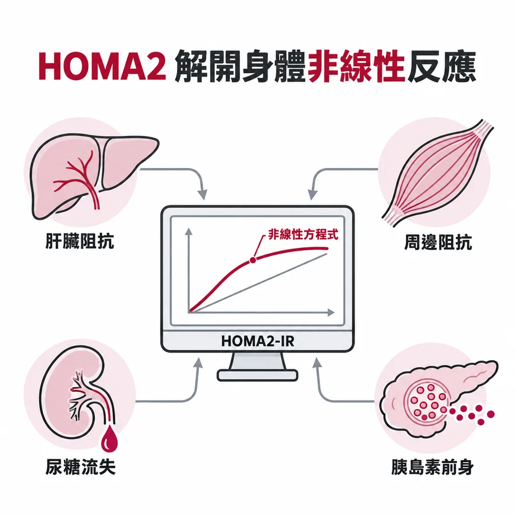 HOMA2-IR 用電腦模型解出非線性方程式,多算進肝臟與周邊組織各自的阻抗、腎臟從尿液流失的糖,以及胰島素前身的分泌量