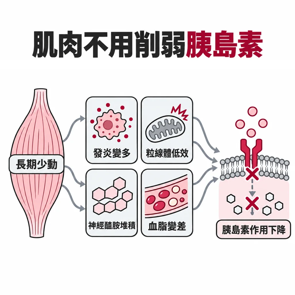 肌肉長時間不用,會從四條路削弱胰島素的作用:發炎變多、粒線體效率變差、神經醯胺堆積、血脂變差