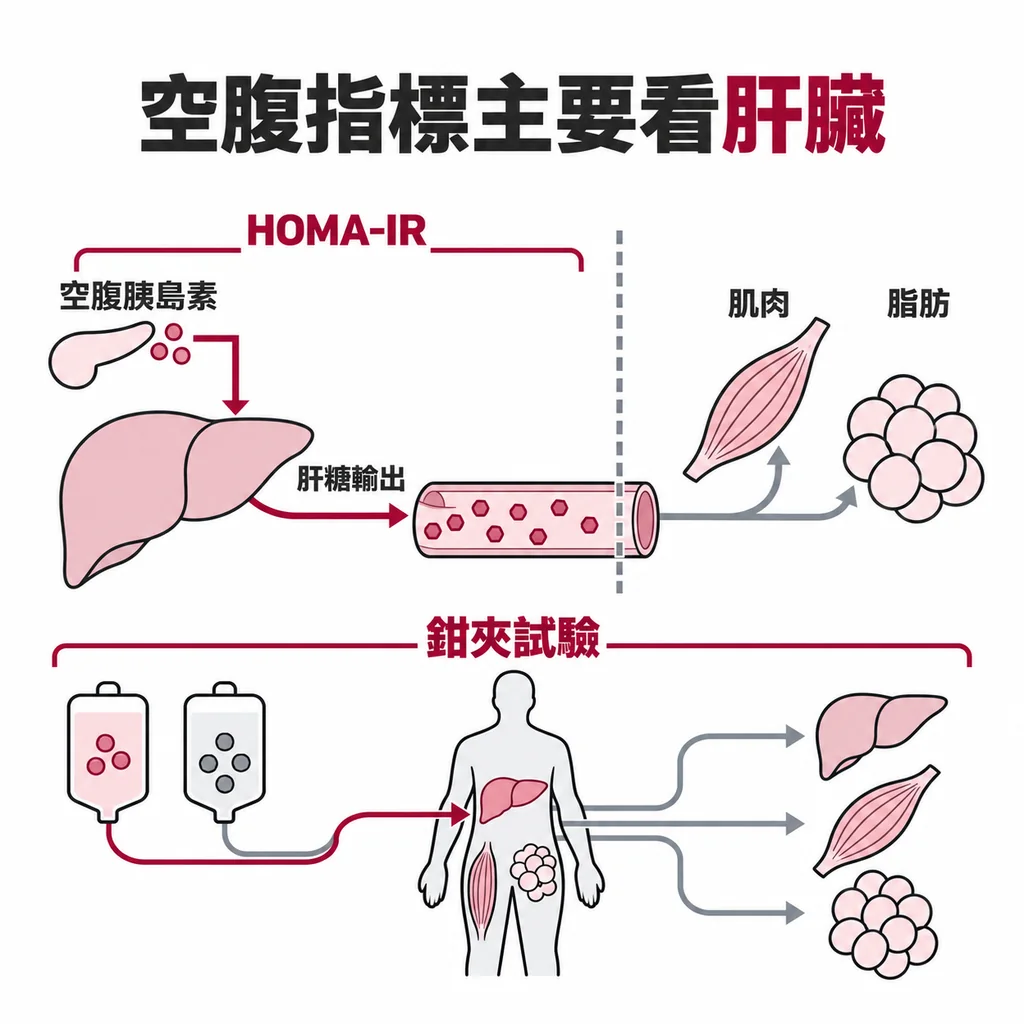 空腹時血糖多半來自肝臟,所以 HOMA-IR 主要反映肝臟的胰島素阻抗,看不到肌肉和脂肪那一端