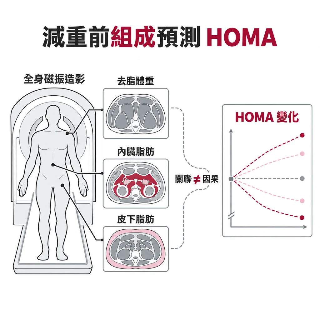全身磁振造影顯示,減重前的去脂體重,加上內臟脂肪和皮下脂肪的分布,能預測減重後 HOMA 怎麼變