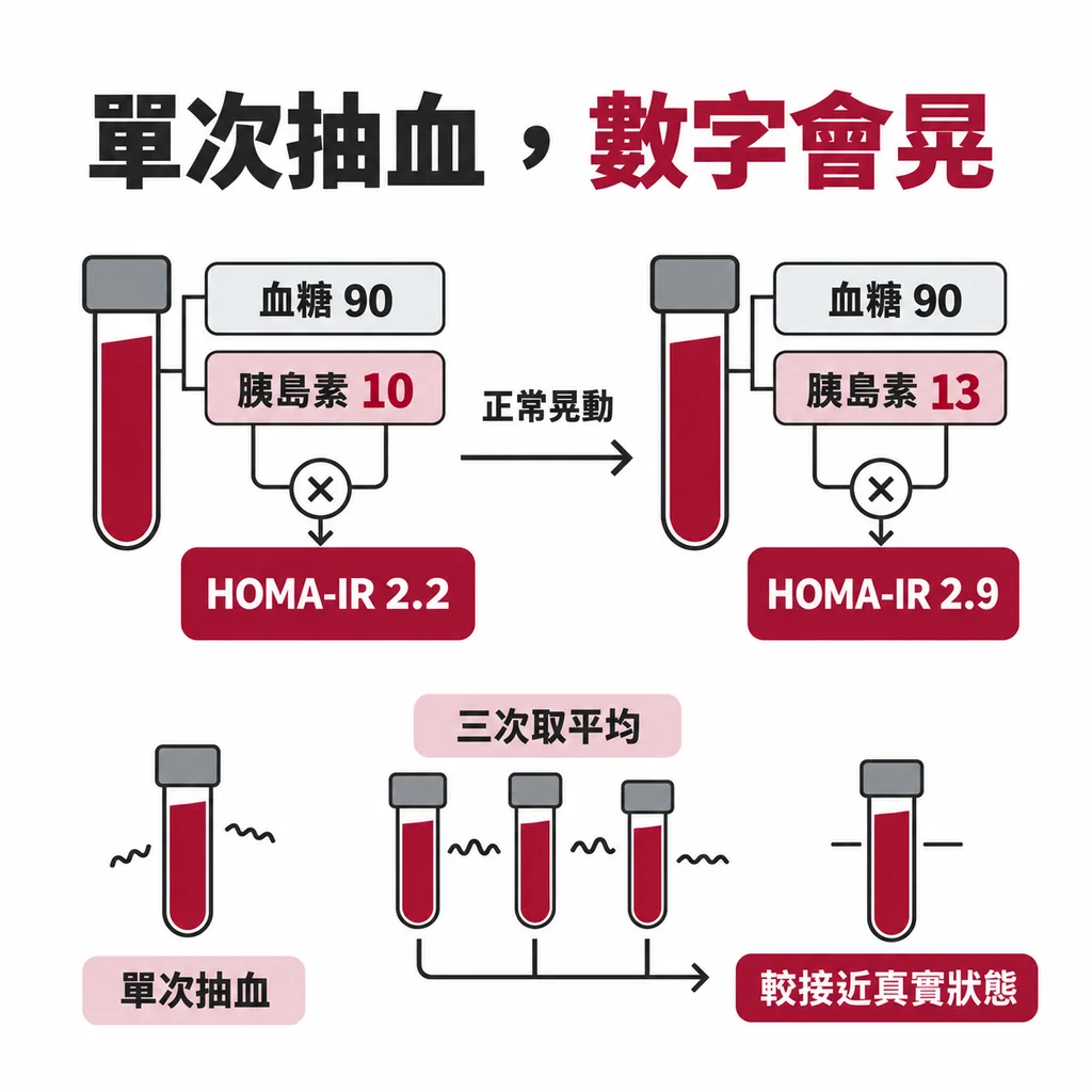 血糖同樣是 90,胰島素從 10 變成 13,HOMA-IR 就從 2.2 跳到 2.9。單次抽血的晃動,不一定代表身體真的變了