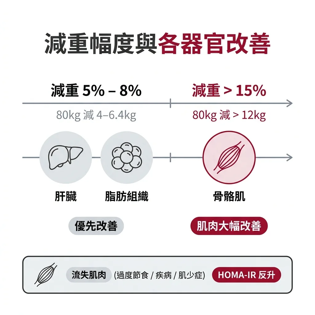 體重減少 5% 到 8% 時,先改善的是肝臟和脂肪組織;要減掉超過 15%,肌肉對胰島素的反應才會大幅改善