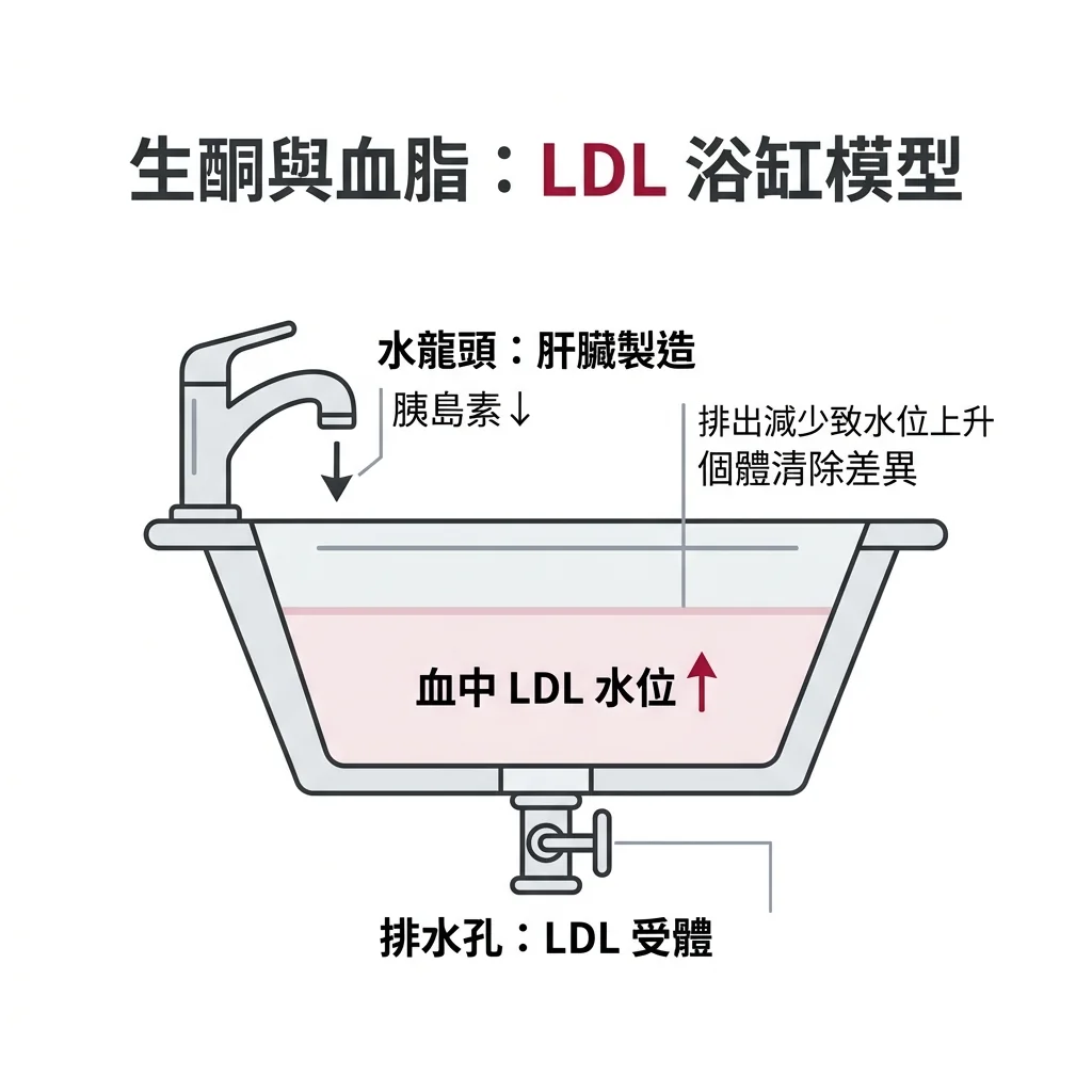 用浴缸比喻：肝臟製造膽固醇是水龍頭、LDL 受體是排水孔；胰島素降低讓製造變少，但排水孔變化仍可能讓 LDL 水位上升