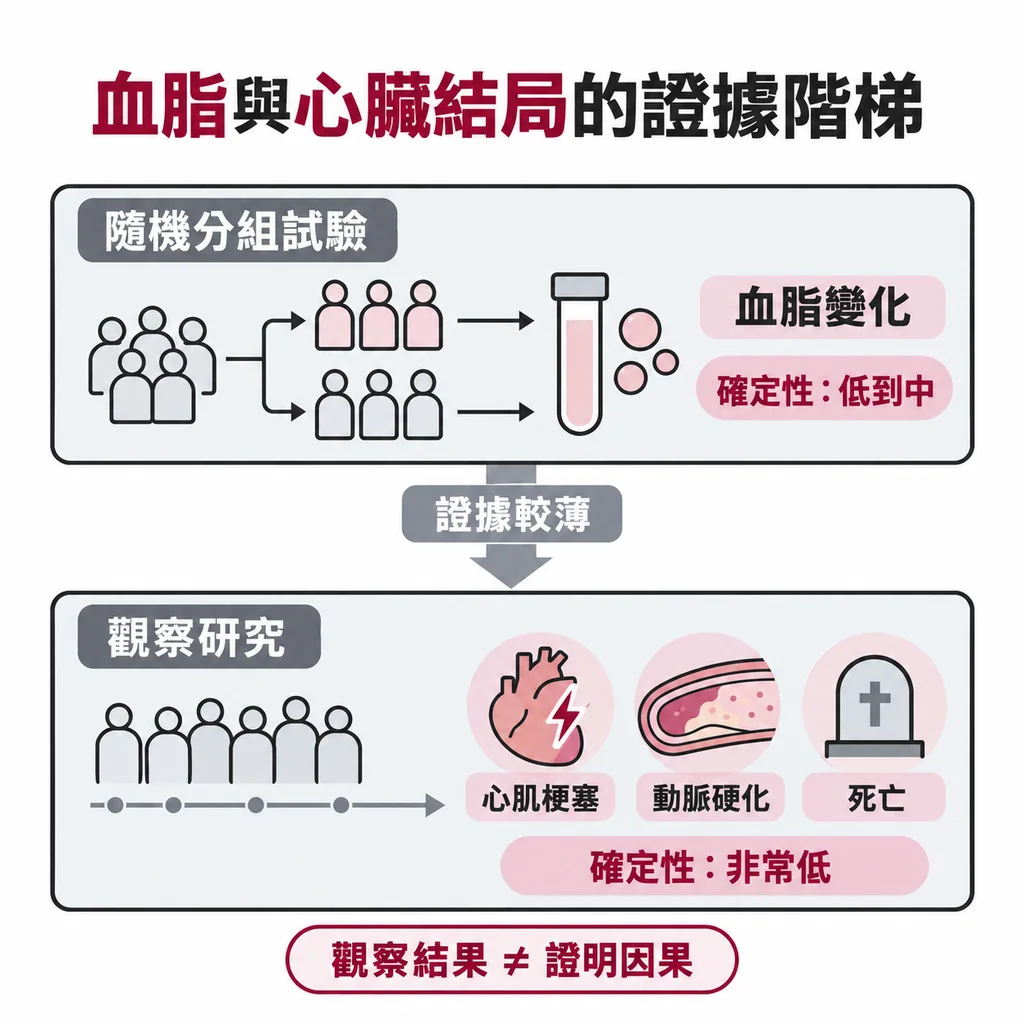 證據階梯：血脂變化來自隨機分組試驗、確定性低到中；心肌梗塞、動脈硬化與死亡等真正結局主要來自觀察研究，確定性非常低