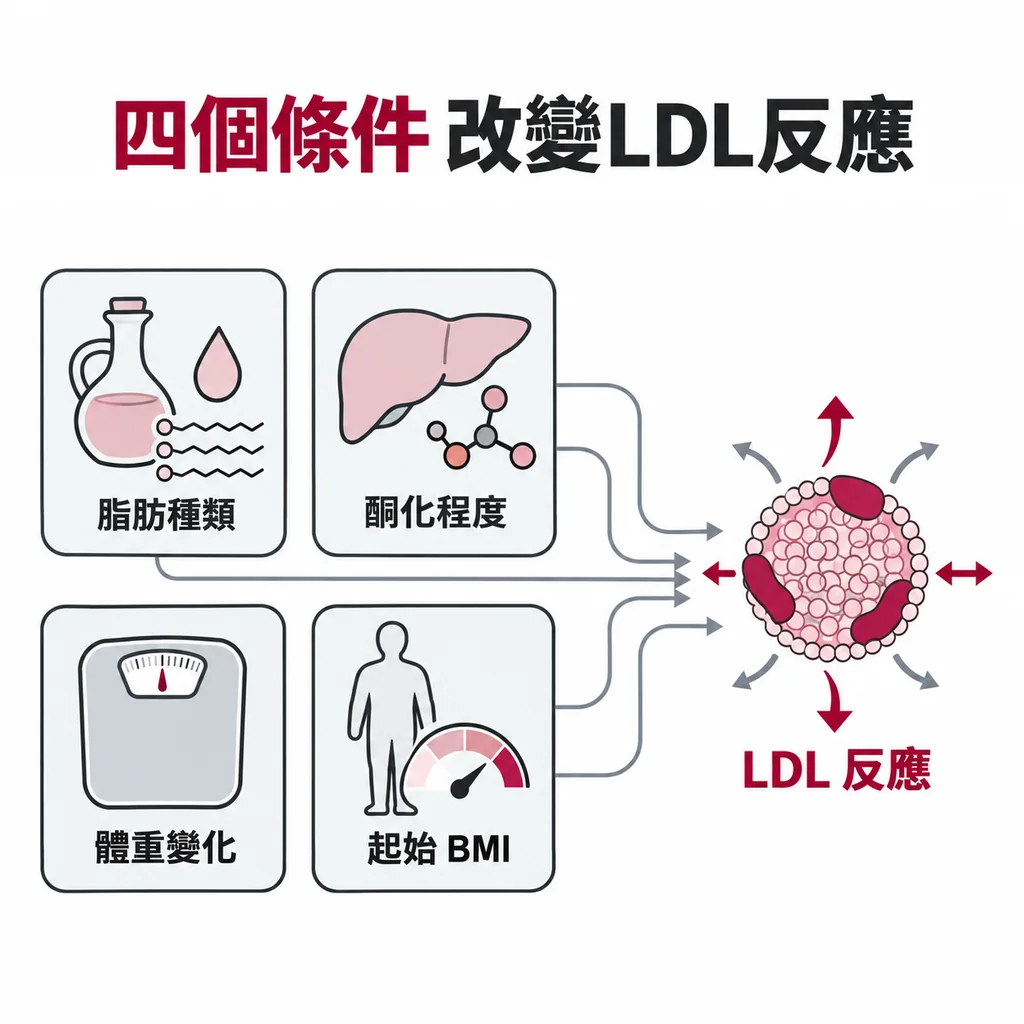 同樣叫生酮，四個條件會改變研究答案：脂肪種類、酮化程度、減掉多少體重、起始 BMI，每換一個 LDL 反應就可能不同