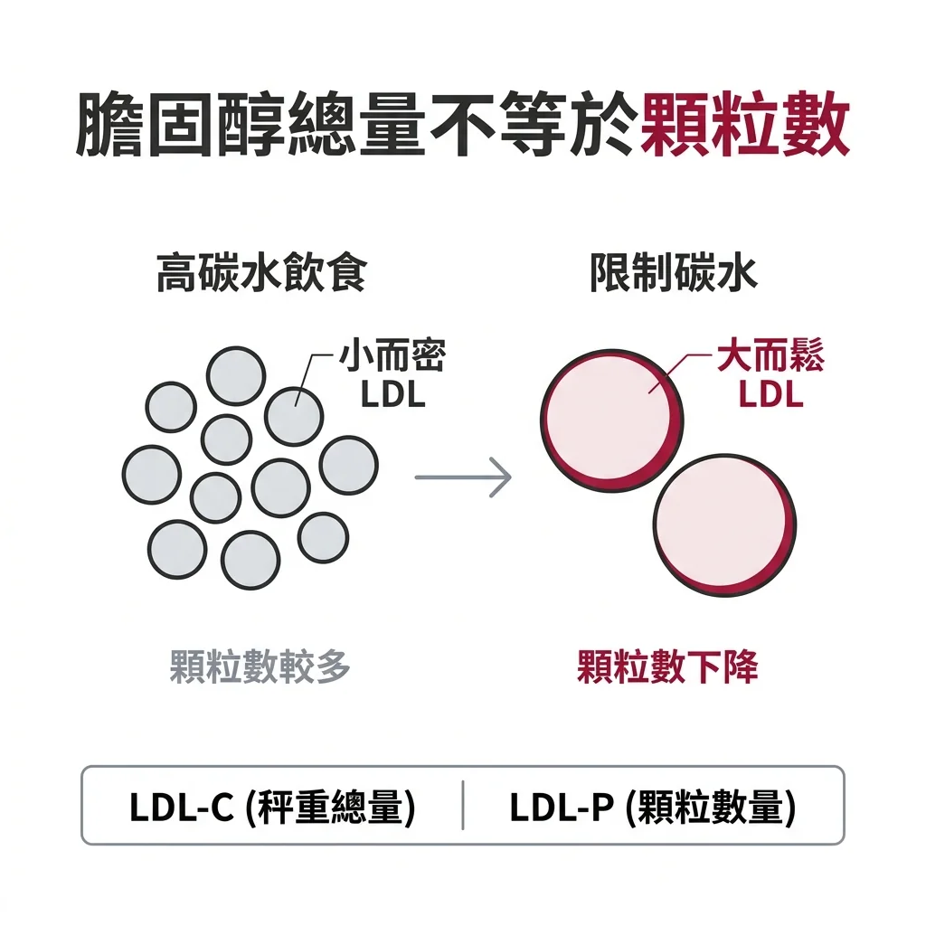 LDL-C 像秤行李重量、LDL 顆粒數像數件數；限制碳水讓小而密 LDL 變少、大而鬆 LDL 變多，膽固醇升了顆粒數未必增加