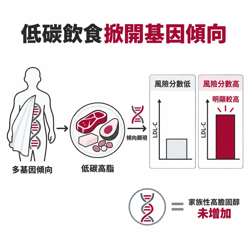LDL 多基因風險分數高的人，吃低碳高脂飲食後 LDL-C 明顯較高；是飲食把原本藏著的多基因傾向掀開，不是家族性高膽固醇變多