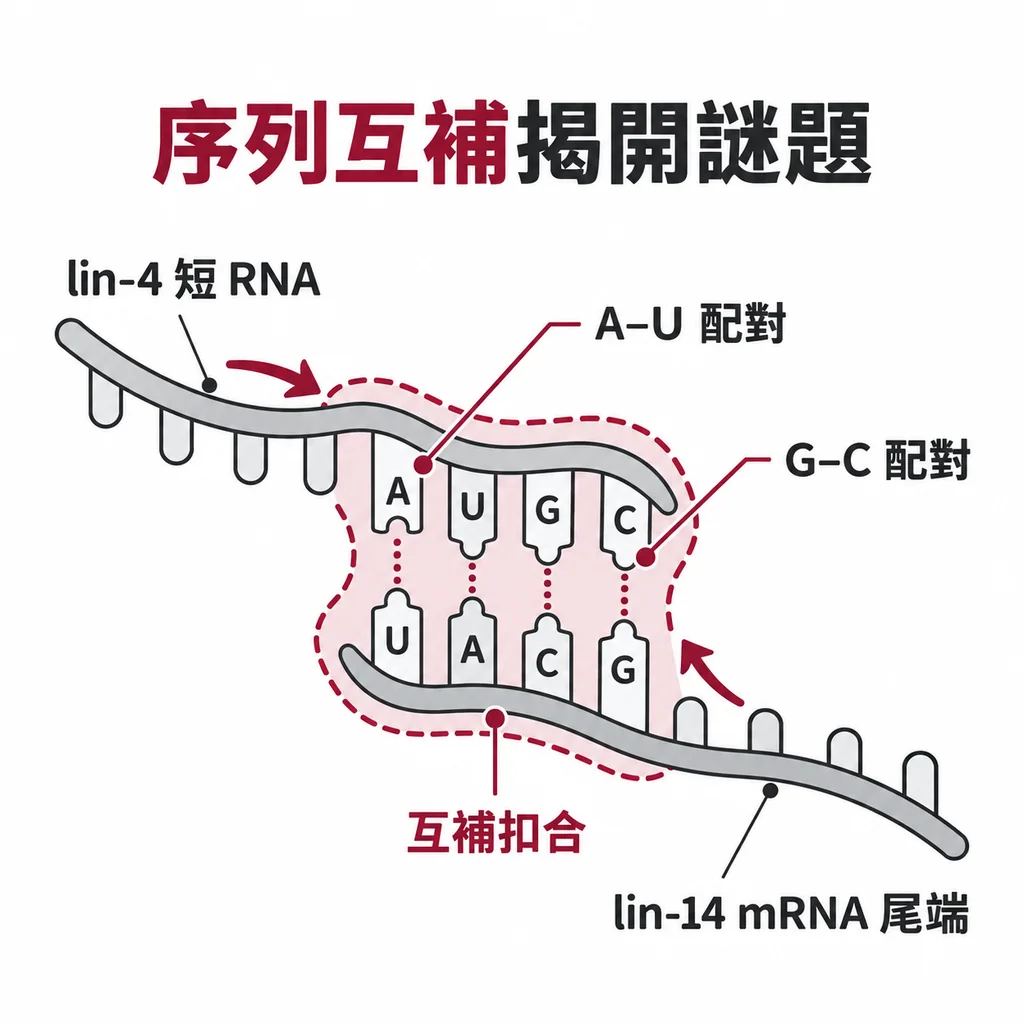 1992 年 Ambros 與 Ruvkun 比對序列,發現 lin-4 與 lin-14 mRNA 尾端互補,A 配 U、G 配 C 像拼圖扣合