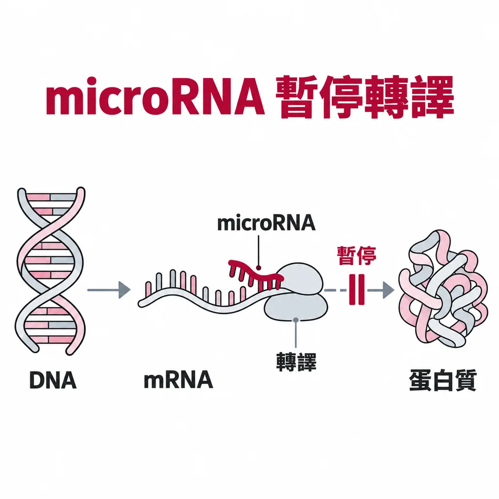 基因要走 DNA、mRNA、蛋白質三站才有作用,microRNA 只在 mRNA 到蛋白質的轉譯這一步按下暫停