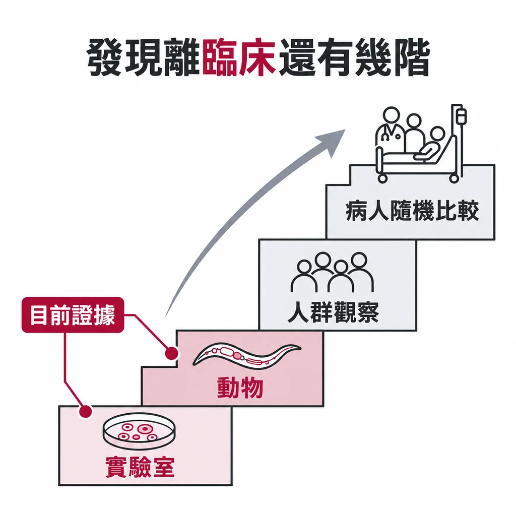 證據階梯由下而上是實驗室、動物、人群觀察、病人隨機比較,這次得獎內容大多仍落在線蟲與實驗室那幾階